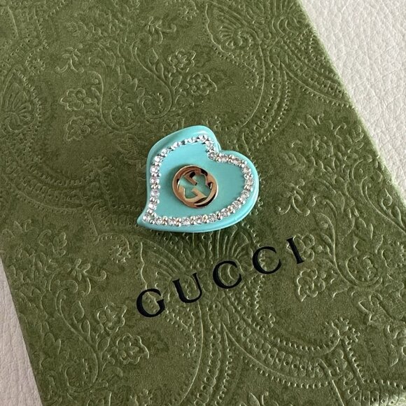 NEW Gucci Heart Shaped Hair Clip with Intertwined G\'s Blue Green Crystal